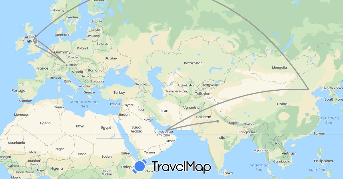 TravelMap itinerary: driving, plane in United Arab Emirates, Switzerland, China, Germany, United Kingdom, India (Asia, Europe)